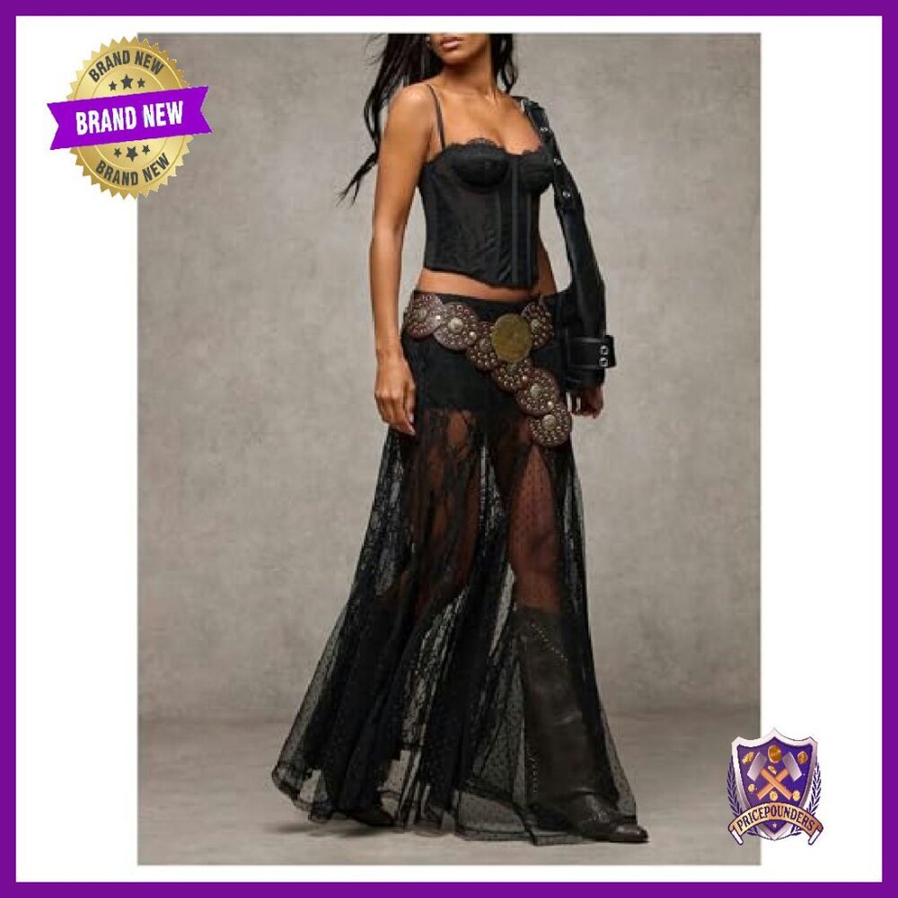 Sheer Lace Maxi Skirt Elastic Waist Flowy A-Line Ruffle Hem - Picture 7 of 8